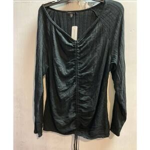 Curvy Sense Women's Top Plus 3X Black NEW Ruched Drawstring V-Neck Long Sleeve